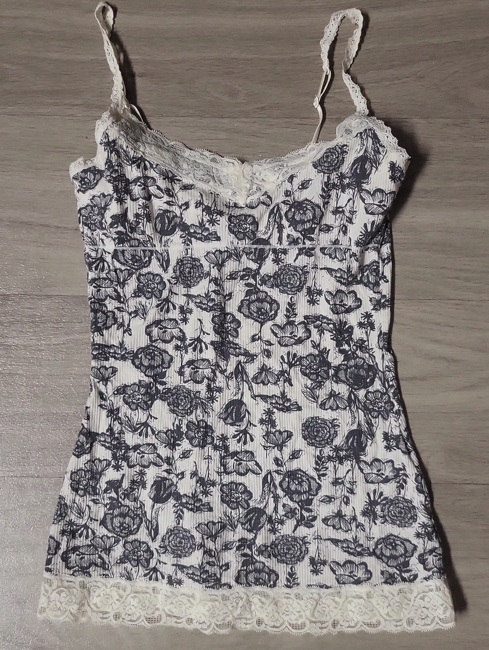 Kirra White Cami with Black Floral Print and Lace Trim